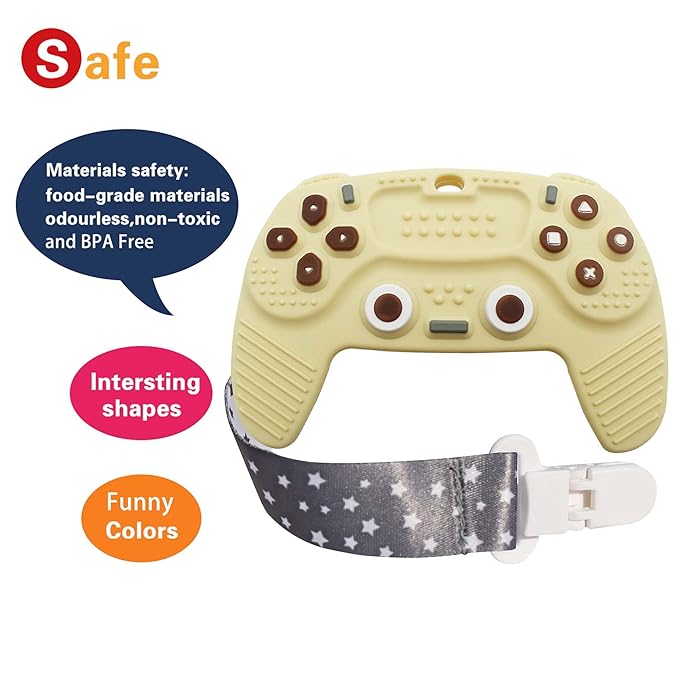 Teething Remote Control for Baby with Pacifier Clip, Funny Teethers for Baby for Baby Girl Or Boy,Teething Toys for Babies 3-6 6-12 Months((Yellow)