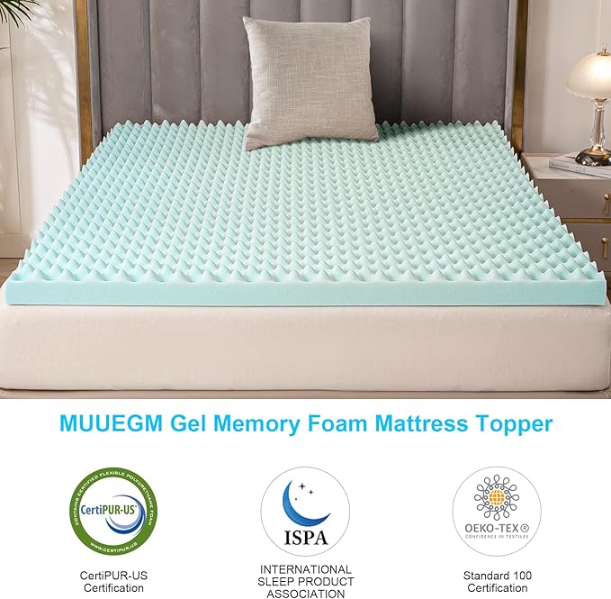 MUUEGM Mattress Topper, 2 Inch Twin Memory Foam Mattress Toppers - Egg Crate Gel Infused Cooling Pad for Breathable Comfort and Back Pain Relief