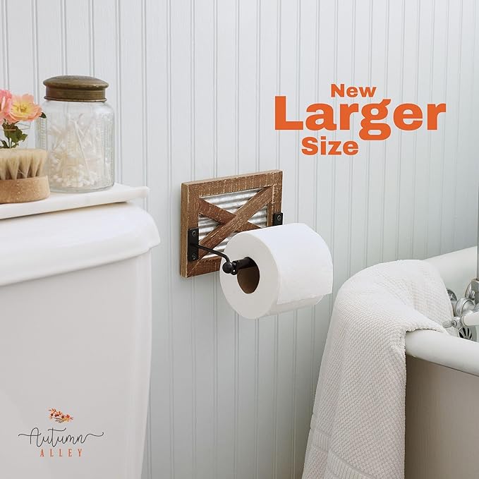 Autumn Alley Rustic Farmhouse Toilet Paper Holder Wall - Farmhouse Bathroom Country Decor Accessories with Warm Brown Wood, Galvanized Metal Black Adds Western Decor Charm
