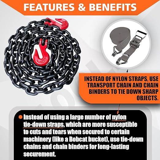 G80 BinderSafety Chain 38 Inch x 10 Foot Transport Binder Chain with Clevis Grab Hooks 7,100 lbs Safe Working Load Logging Chain for Transporting Towing Tie Down Binding Equipment