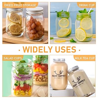 6 Pack 16 Ounce Clear Plastic Mason Jars Containers With Screw Sealing Metal Tinplate Lids,Refillable Empty PET Plastic Slime Candy Storage Jars Containers for Home Kitchen Art Craft
