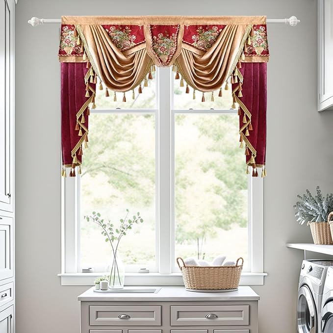 Luxury Brown Burgundy Floral Waterfall Swag Valance with Tassels for Living Room Bedroom Windows European Design Rod Pocket Top (150 cm, 1 Panel)