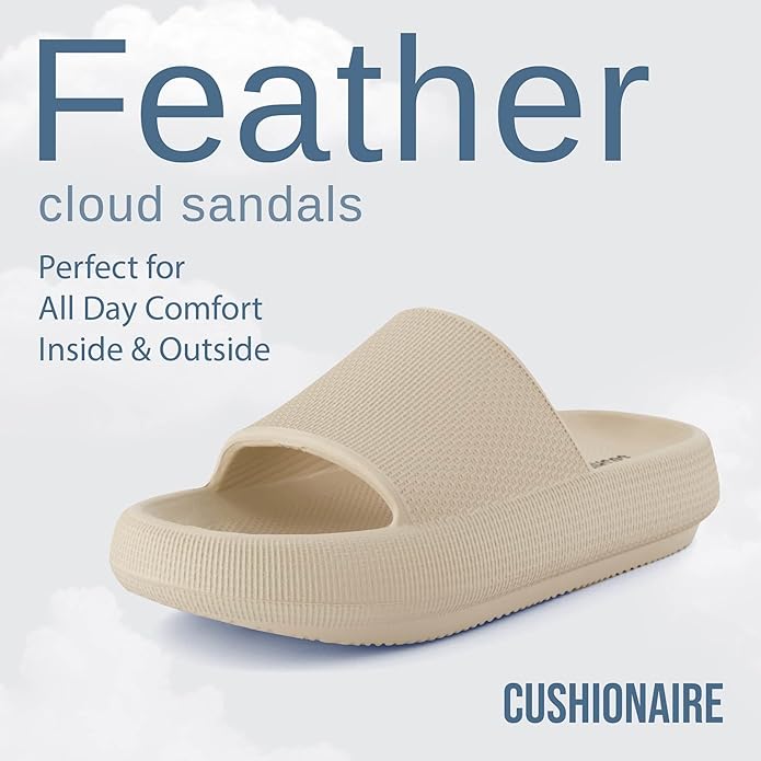 CUSHIONAIRE Feather Slides Comfortable Cloud Cushion House Slippers for Women, Indoor Outdoor EVA Foam Foot Spa Shower Shoes, Non-Slip Arch Support