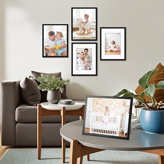 Giftgarden Black 8.5x11 Picture Frame Set of 4, Matted to 6x8 Picture or 8.5 x 11 Inch Certificate Award Document Without Mat, Wall and Tabletop Display