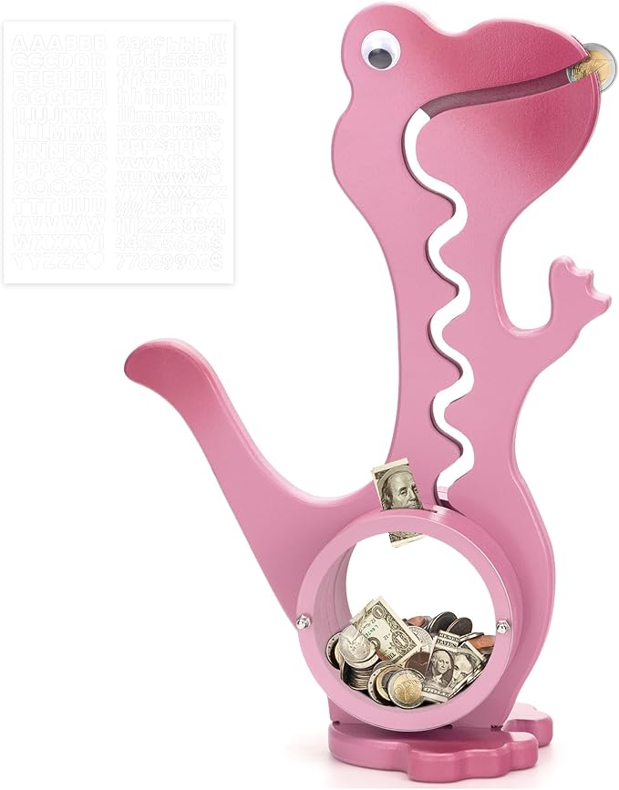Wooden Dinosaur Piggy Bank Boalord for Boys Kids Girls Clear Big Belly Animal Coin Bank for Toddler Real Money ToyOoaDino-PinkOoa