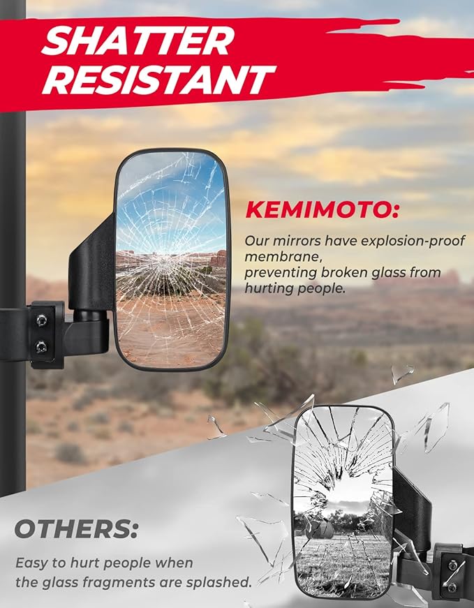 KEMIMOTO UTV Mirrors UTV Side Mirrors Fits 1.6 inch to 2 inch Roll Cage Compatible with Polaris RZR 900 1000 Can Am Kawasaki Mule Rhino YXZ Zforce Pioneer, Shatter Proof Tempered Glass