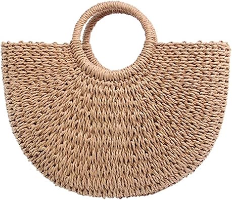 Vintage Straw Bag Round Rattan Bags Handmade Woven Beach Ladies Circle Shoulder Bag Style 4-Small