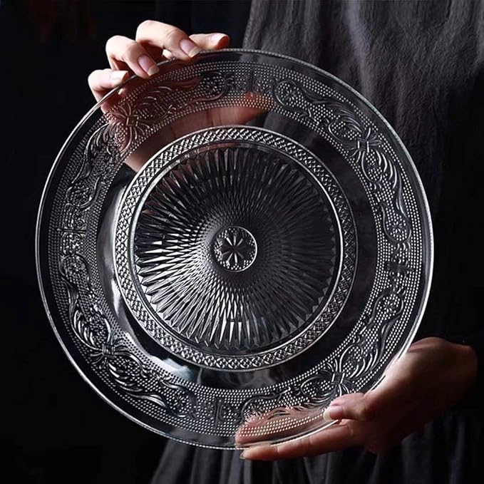 Bowls Vingate Creative Embossed Glass Plate Round Transparent Fruit Tray Home Kitchen Cake Dried Fruit Salad Plate (Size : 10"620g)