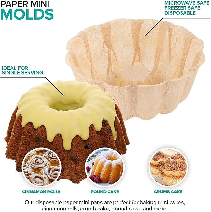 4 Inch 100 Pcs Bundt Cake Pan, Bundt Cake Pan Nonstick, Greaseproof Paper Liner, Mini Fluted Tube Pan Liner, Nonstick Greaseproof Heat Resistant Paper Cake Pan Liners 100pcs