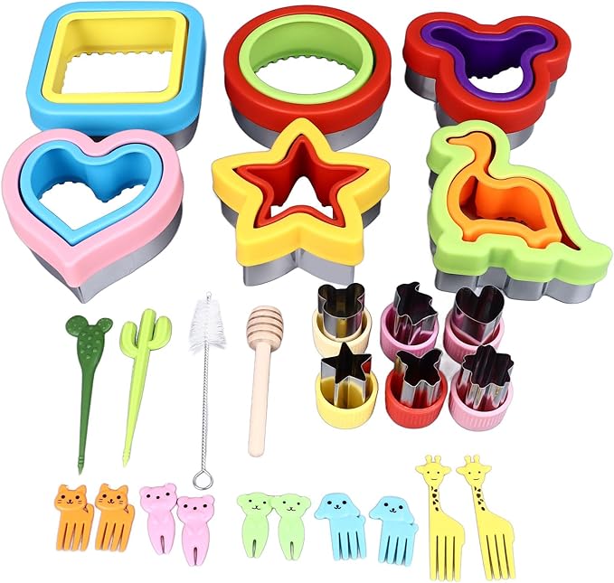9Pcs Sandwichs Cutter and Sealer Set, Uncrustable Sandwichs Maker, Stainless Steel Cookie Cutters, Vegetable and Fruit Shapes, with Forks, Stirring Stick, Brush for DIY Baking