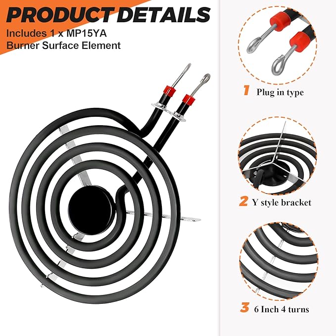 Upgraded 660532 MP15YA Electric Range Burner Element 6 inch 1500W 4 Turns surface element fit for Whirlpool Kenmore ranges replacement burners wfc310s0ak, rf110axsq3, kf330add1,ffef3011lwd,etc.