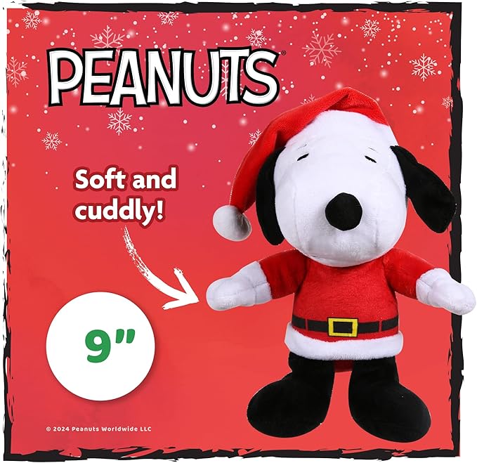 9" Holiday Snoopy Santa Plush Dog Toy with Squeaker Red and White Snoopy Plush Dog Toy Medium Squeaky Dog Toys- Cute and Soft Stuffed Dog Toys Officially Licensed