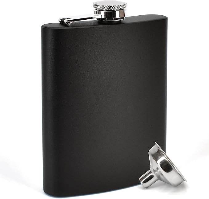 Clear Water Home Goods - 8 oz Powder Coated Stainless Steel Hip Flask wFunnel - Wedding Party - Groomsman - Bridesmaid (Matte Black, 1)