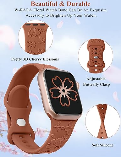 W-RARA Floral Engraved Band Compatible with Apple Watch Band 38/40/41/42/44/45/46/49mm Women, Cute Embossed Raised Cherry Blossoms Replacement Strap for iWatch Series 10 9 8 7 6 5 4 3 2 1 SE Ultra