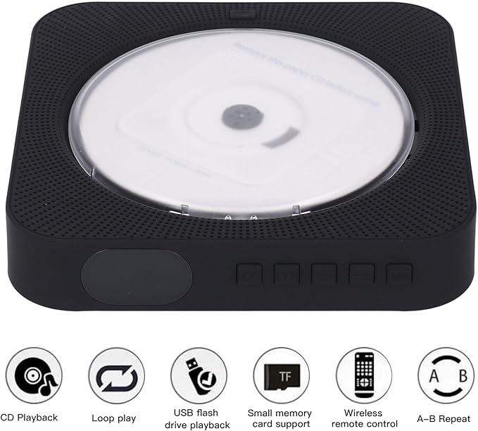Portable CD Player, Bluetooth CD Player with Speakers 2 Modes Wall Mount Desktop Portable Home CD Music Player Rechargeable with Remote Control (Black)