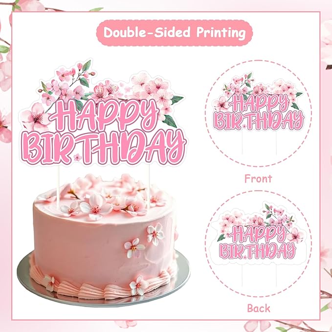 Cherry Blossom Happy Birthday Cake Topper, Japanese Sakura Cake Pick Decoration for Girls Women Birthday Party Supplies