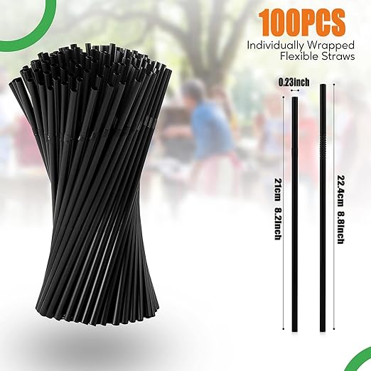 100 Pcs Black Flexible Drinking Straws,Plastic Disposable Bendy Straws(0.23''diameter and 8.27"long)