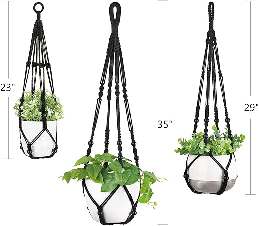 Mkono 3 Pack Macrame Plant Hangers Indoor Different Size Hanging Planter Basket Flower Pot Holder with Beads No Tassels 35"29"23", Medium, Black
