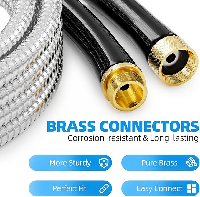 Metal Garden Water Hose 50 FT, Flexible and Lightweight, Heavy Duty Stainless Steel Pipe with Brass Fittings for Reel, Yard, Outdoor, Boat