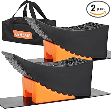Curved Leveling Blocks, Raised Tire Change Ramp, for RV Camper Travel Trailer, Fits Dual Axle Tandem Wheel Aid Changing, Lift up to 6", Comes with Chock and Rubber Mat (2 Pack)