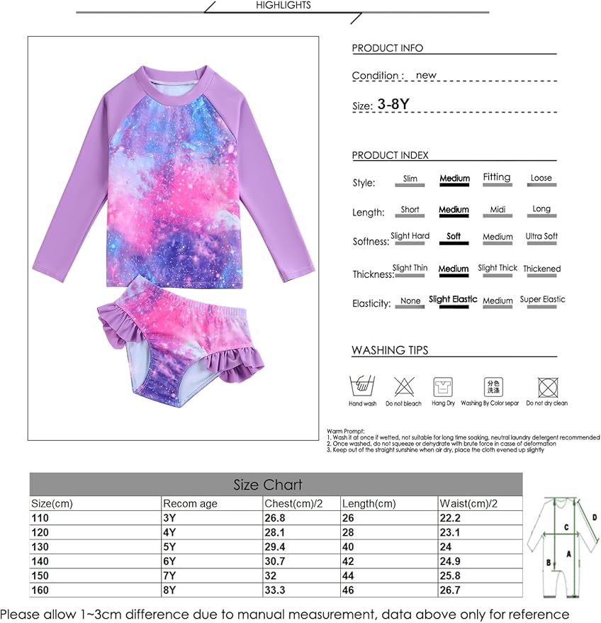 Little Girls Swimsuit Rash Guard Set Toddler Girl Long Sleeve Two Piece Bathing Suit with Ruffle Bikini Bottoms Swimwear
