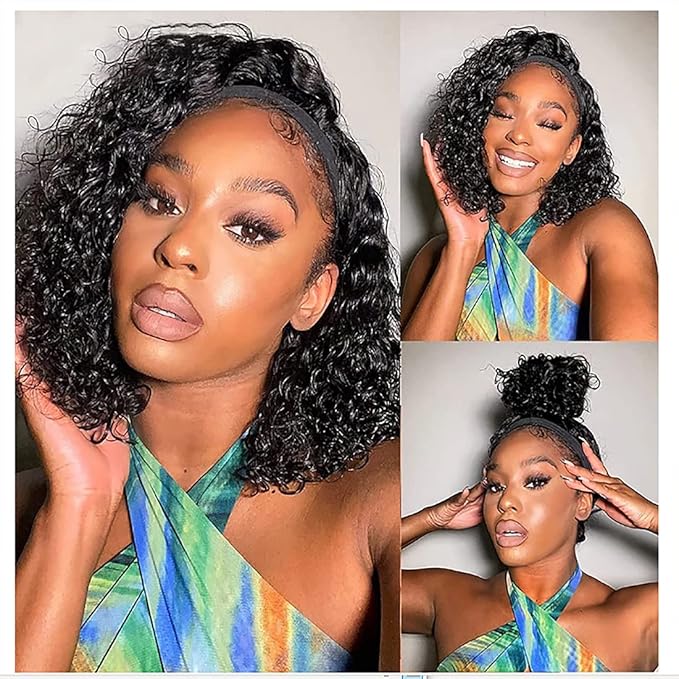 Deep Wave Headband Wig Human Hair 12 Inch Curly Headband Wigs for Black Women Human Hair Glueless None Lace Front Wigs Brazilian Virgin Hair Wig Machine Made 150 Density Natural Black Color