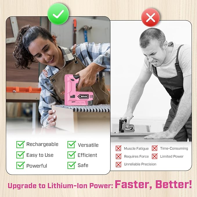 Pink Cordless Staple Gun, 2-in-1 Nail Gun Battery Powered - 4V Brad Nailer Tacker Electric Stapler for Upholstery, Material Repair, Carpentry, Wood, DIY