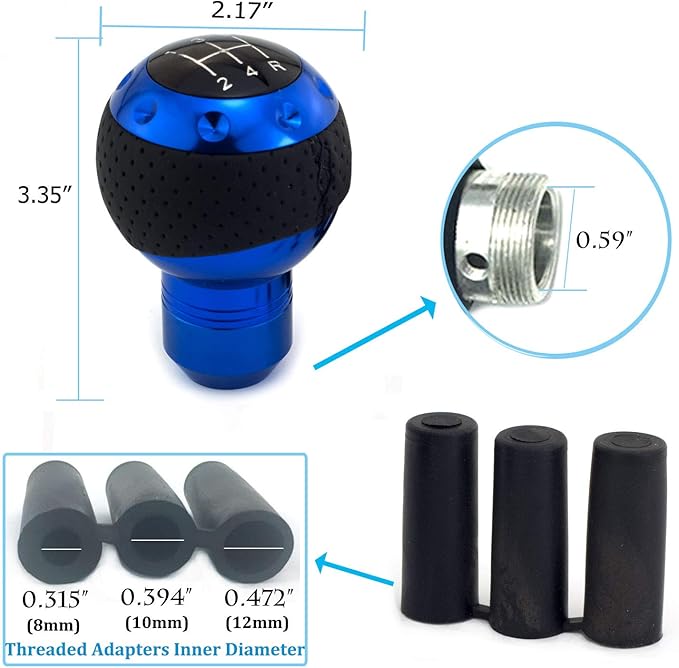 5 Speed Gear Shifter Knob, Leather Covered Aluminum Manual Car Stick Shift Handle Fit Most MT Transmissions, Blue