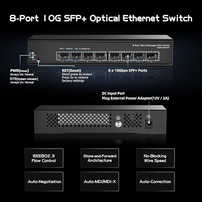 Binardat 8 Port 10 Gigabit SFP Managed Switch, Support 1G10G SFP Module, 160Gbps Bandwidth, WebCLI L3 Managed, Metal Fanless Fiber Desktop Network Switch