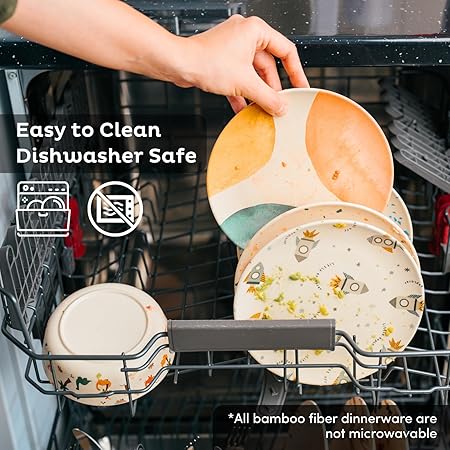 Nook Theory 4 Pack Reusable Bamboo Plates - Non-Toxic Toddler and Kids Plate, Dishwasher Safe, Not Microwavable Dinnerware (Dino 10")