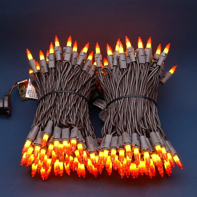200 Count Orange Christmas Lights, Pack of 2 Strands 100 Count 33 ft Brown Wire UL Listed Halloween String Light (Orange)