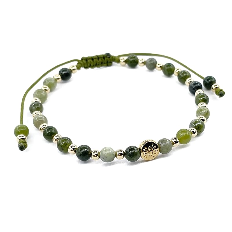 Lucky Evil Eye Natural Stone Beaded Adjustable Bracelet for Women (Green Jade)