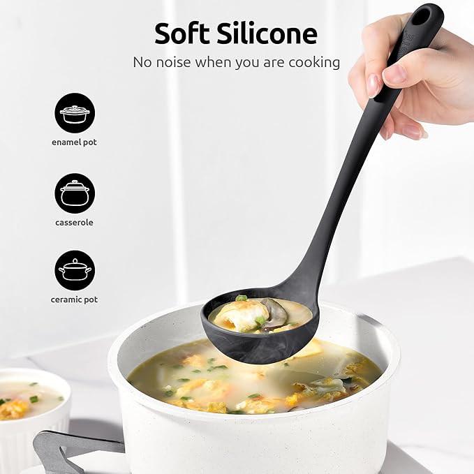 2.6oz Small Silicone Soup Ladle: U-Taste 600oF Heat Resistant Non-Stick Kitchen Deep Serving Spoon, Soft Cooking Utensil with Non-Slip Solid Handle for Mixing Sauce Stew Gravy (11in, Black)