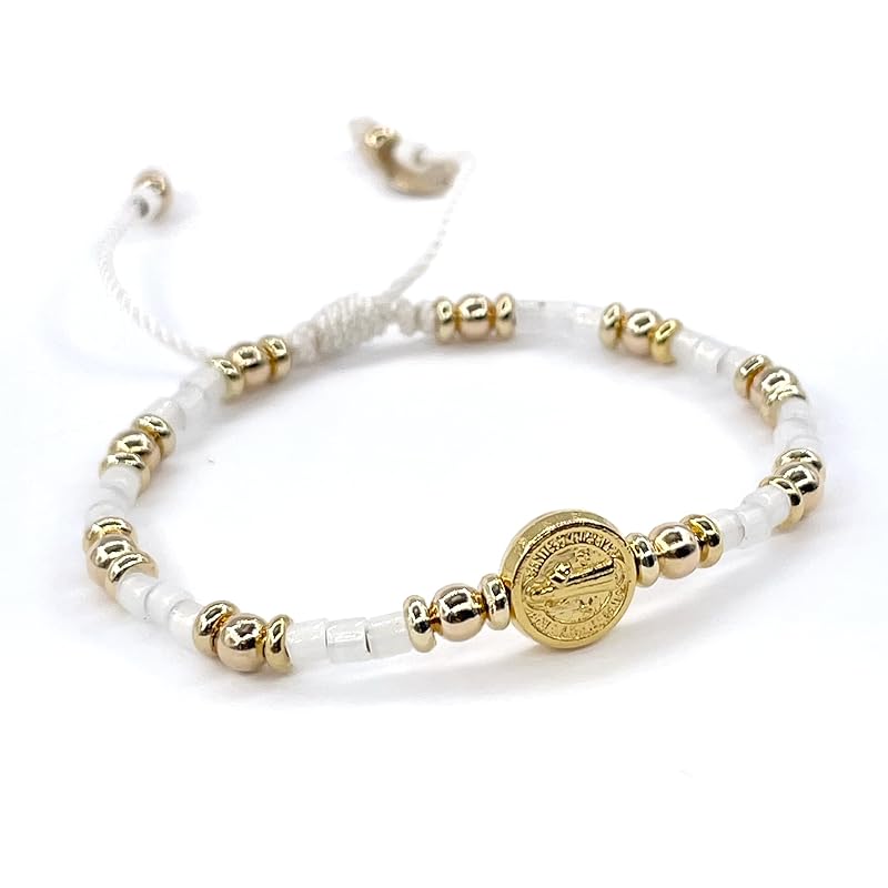St Benedict Coin Bead Round with Miyuki seed beads and Gold Plated spacers Adjustable Bracelet for Women (White)