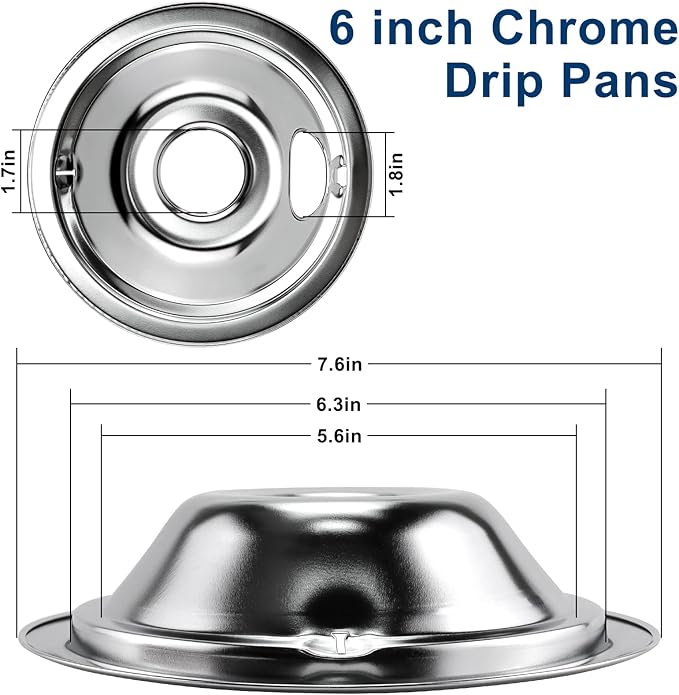 4 Pack GE68C Chrome 6" 2 x 8" Burner Drip Pan Bowls by PANDEELS- Fit for GE and Hot-point Electric Ranges