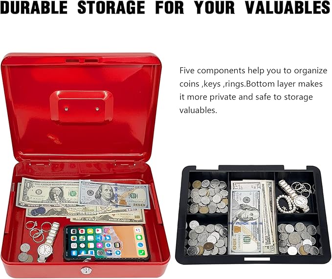 Steel Cash Box with Key Lock, Metal Small Money Organizer with Money Tray,Cash Storage Box with Lockable Cover (Red - 12 inch)