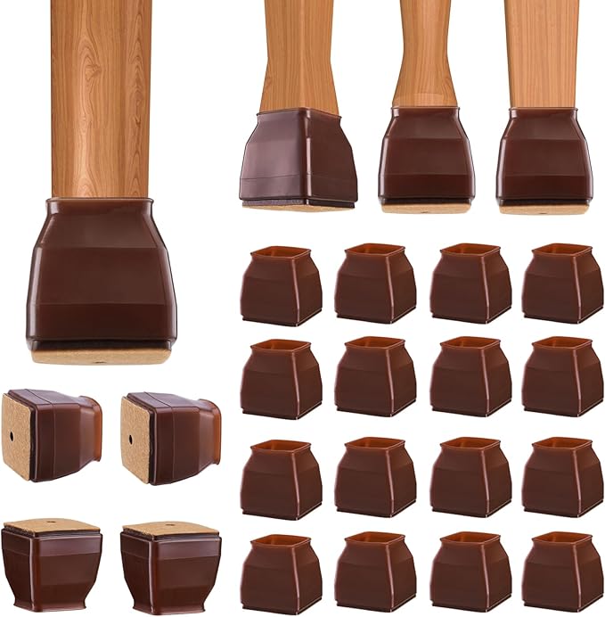 BALEINE 16 Pack Silicone Chair Leg Floor Protectors, Stool Leg Protectors Cap, Non-Slip Chair Leg Caps for Hardwood Floors (Brown Large (Square), 16 Pack)