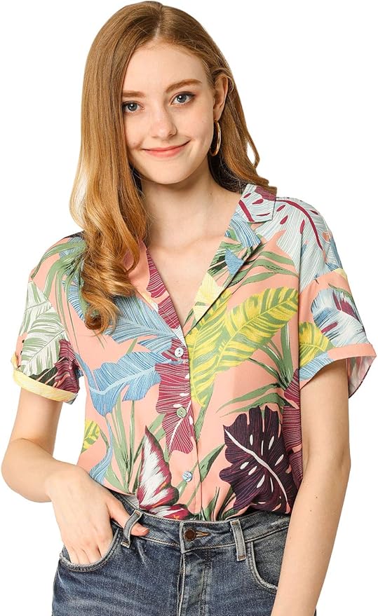 Allegra K Women's Hawaiian Shirt Floral Leaves Printed Short Sleeve Top Tropical Button Down Shirt Summer Fashion 2024