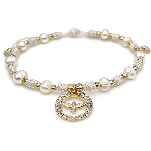Holy Spirit 18K Gold Plated CZ Pendant on Dainty Pearls Bracelet Charm Catholic Gift Of Hope For Women and Teens