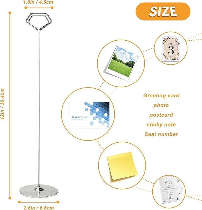 Urban Deco 16PK Table Number Holders 12 Inches Place Card Holder Metal Table Card Holders, Picture Holders For Tables, Card Holder Stand For Wedding Décor - Silver Sign Holder
