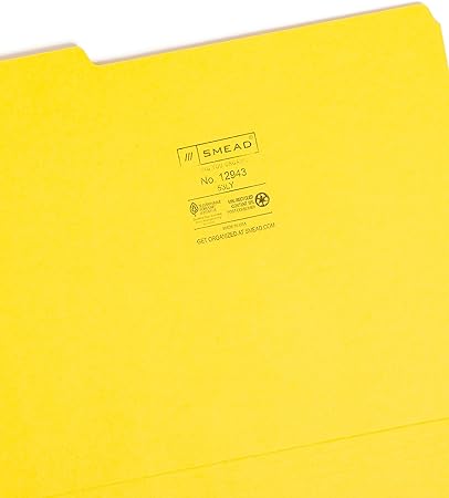 Smead Colored File Folder, 13-Cut Tab, Letter Size, Yellow, 100 per Box (12943)