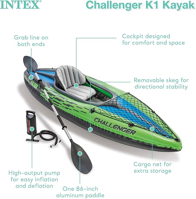 INTEX Challenger Series Inflatable Kayak: Includes 86-inch luxury kayak paddles and high-performance pump - Super strong PVC - Adjustable seat with backrest - Removable Skeg - Net of