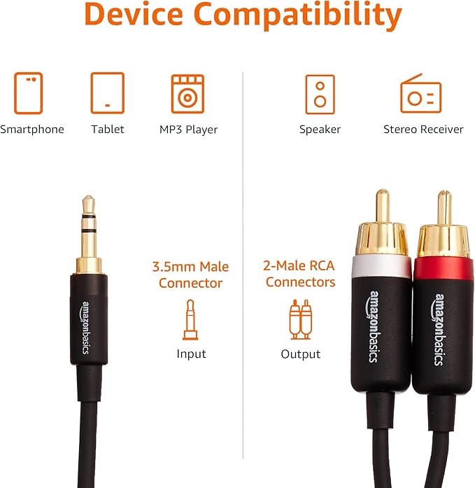 Basics 3.5mm Stereo Aux to 2 x RCA Audio Cable Adapters, 4 Feet1.2 m, for Connecting Amplifiers, Speakers, with Gold-Plated Plugs, Black
