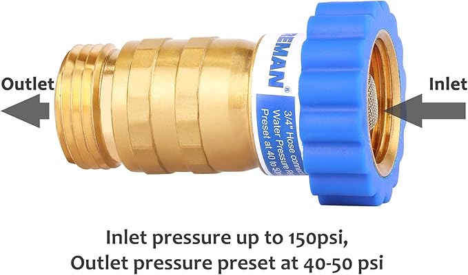 MEASUREMAN Lead-Free Brass Water Pressure Regulator, 40-50 PSI Pressure Reducer for RV, Camper, Trailer, Garden, and Plumbing Systems, Universal 34a Hose Connection, Safe for Potable Water