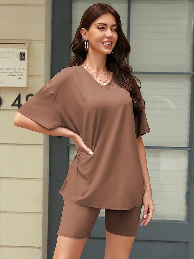 Women's 2 Piece Lounge Sets Summer V Neck Oversized Short Sleeve Tshirts Biker Shorts Matching Travel Outfits