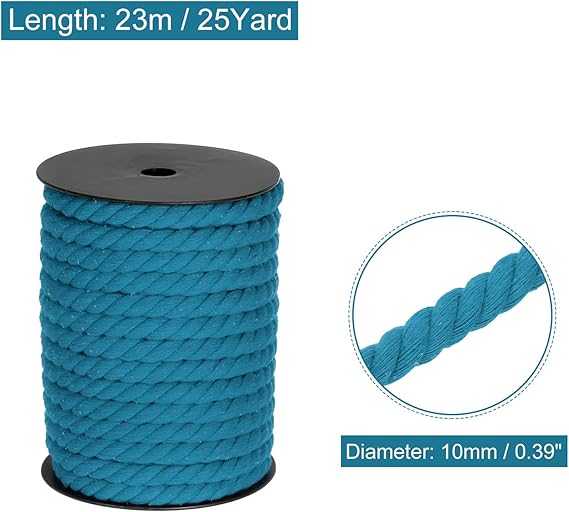 MECCANIXITY Cotton Rope 3 Strand Twisted Braided Rope Cord, Lake Blue 23m/25 Yard 10mm Dia for Wall Hanging, Plant Hanger, Knitting, Macrame Knotting