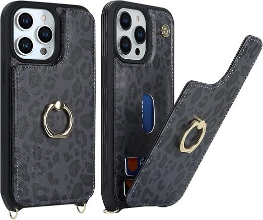 for iPhone 13 Pro Max/iPhone 12 Pro Max Case with Card Holder for Women,Crossbody Strap Lanyard,Credit Card Holder,Ring Stand,Snap Clasp,Cute Wallet Case 6.7 inch (Black Leopard)