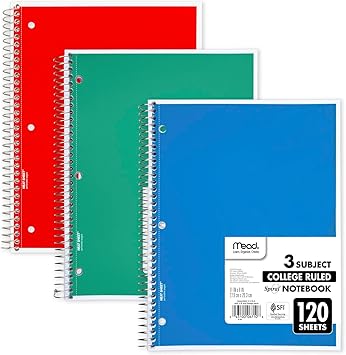 Mead Spiral Notebook, 3-Subject, College Ruled Paper, 8" x 11", 120 Sheets per Notebook, Color Will Vary, 1 Count (06710)