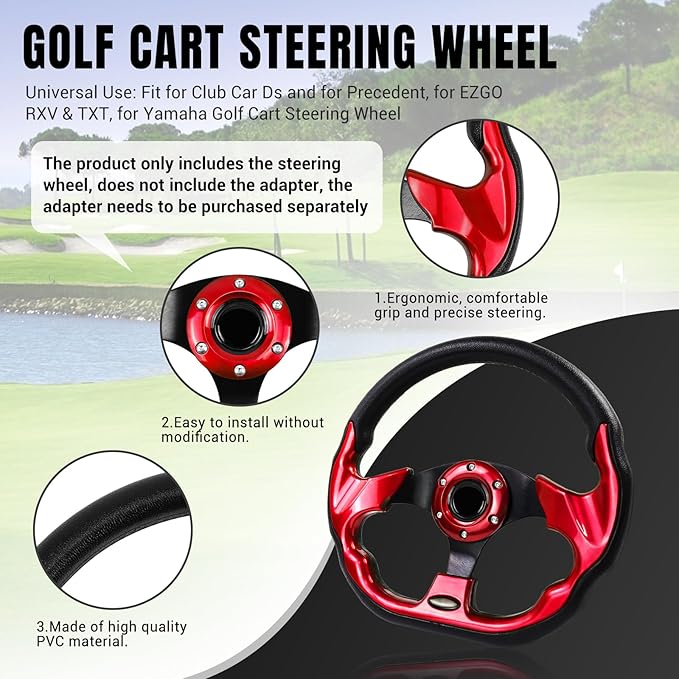 LOSCHEN Golf Cart Steering Wheel Universal Design Fit for Club Car Ds and Precedent EZGO RXV & TXT, Fit for Yamaha Golf Cart Steering Wheel-Red