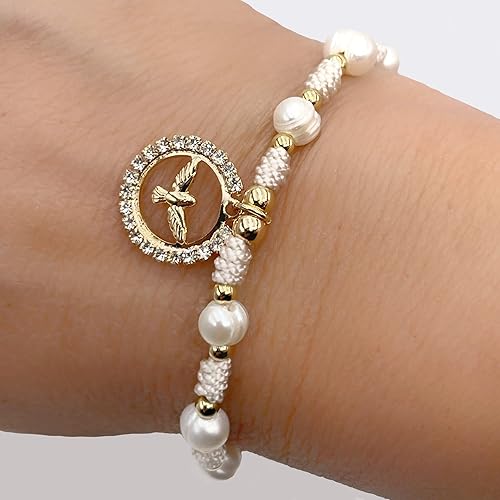 Holy Spirit 18K Gold Plated CZ Pendant on Dainty Pearls Bracelet Charm Catholic Gift Of Hope For Women and Teens